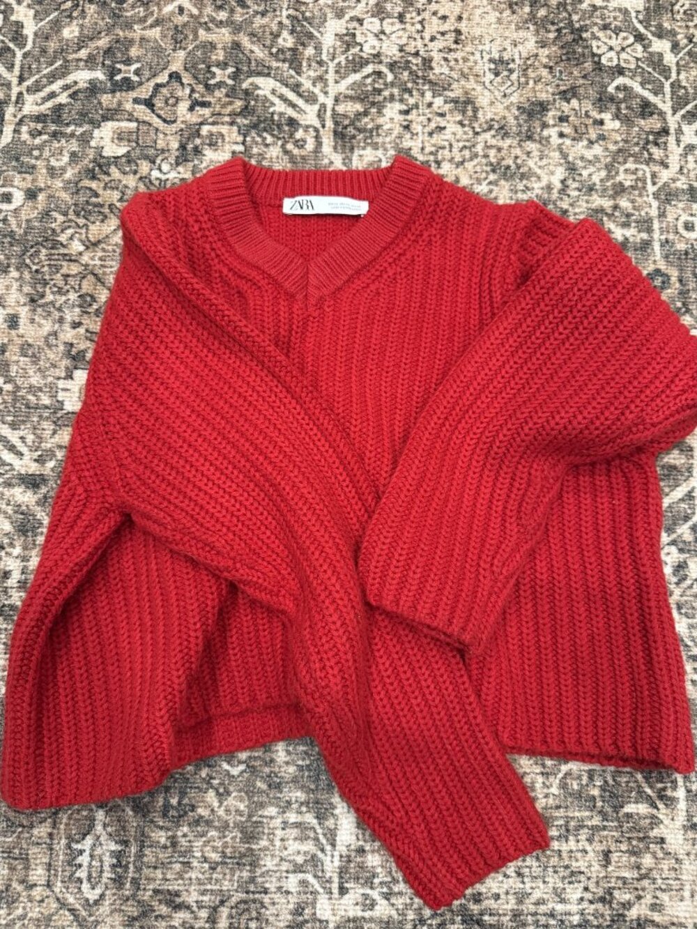 Zara Red Chunky Rib Knit V Neck Cropped Cardigan Size XS